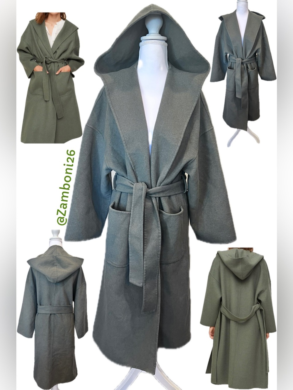 MNG Oversized Relaxed Fit Hooded Wrap Belted Wool-Blend Coat Olive Green XS